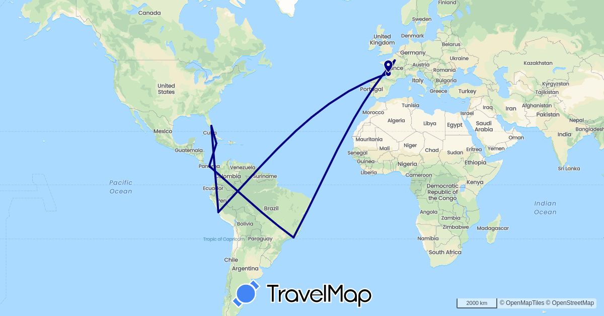 TravelMap itinerary: driving in Brazil, France, Jamaica, Panama, Peru, United States (Europe, North America, South America)